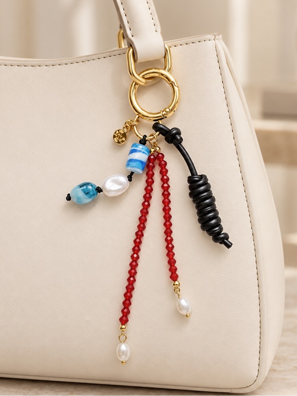 Gold Key Charm / Bag Charm with Red Beaded Tassels and Blue Accent Beads